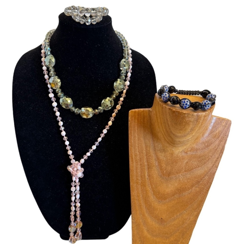 Lot of 4 Vintage Clear Crystal Cut Faceted Glass Bead Necklaces & Bracelets Set
